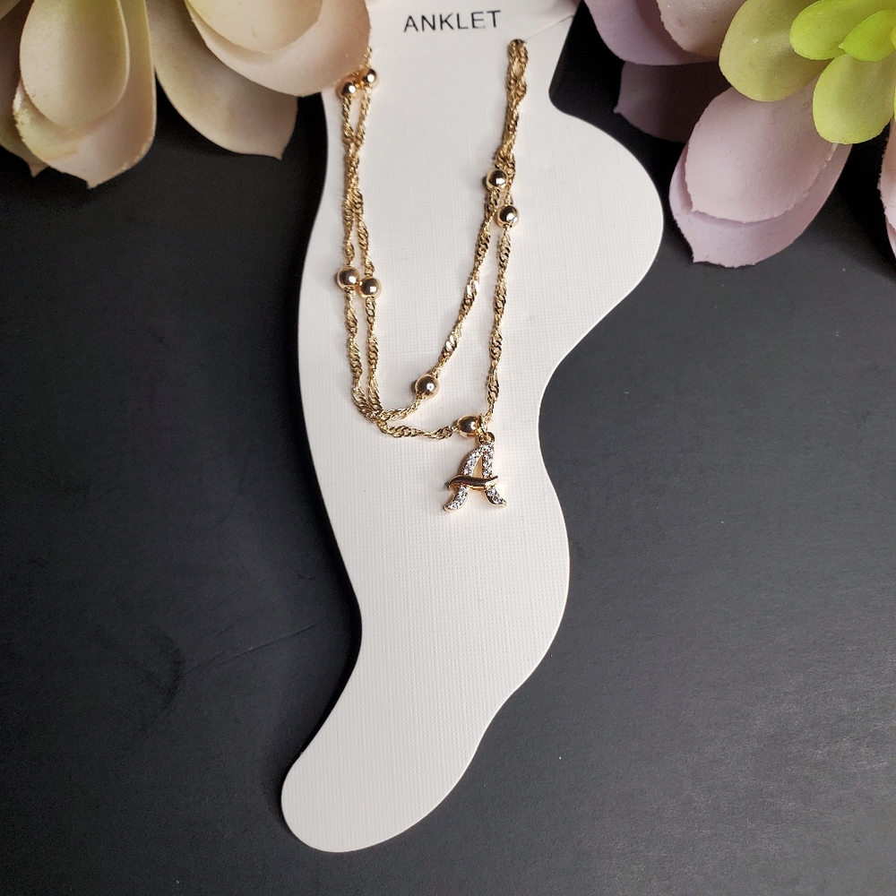 Initial Ankle Bracelet with letter (A) symbol, double layer chain color Gold